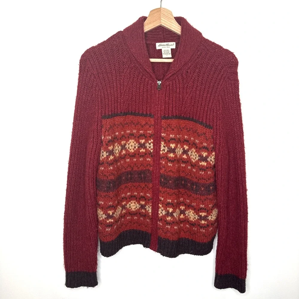 Vintage Eddie Bauer Fair Isle Wool Zip Sweater Cardigan Women L Nordic Fisherman